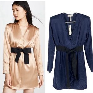 FLEUR DU MAL NWT SASH DRESS 100% SILK LONG SLEEVE IN INDIGO BLUE 0 TIE WAIST